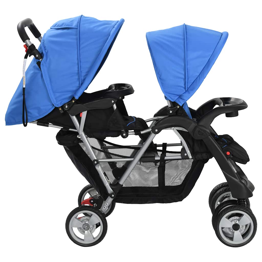 Buggy – Kinderwagen – Wandelwagen – Plooibuggy – Reisbuggy – Dubbele Zitting – Stalen Frame – Inclusief Zonnekappen – Tot 15 kg – Compact Inklapbaar – Blauw