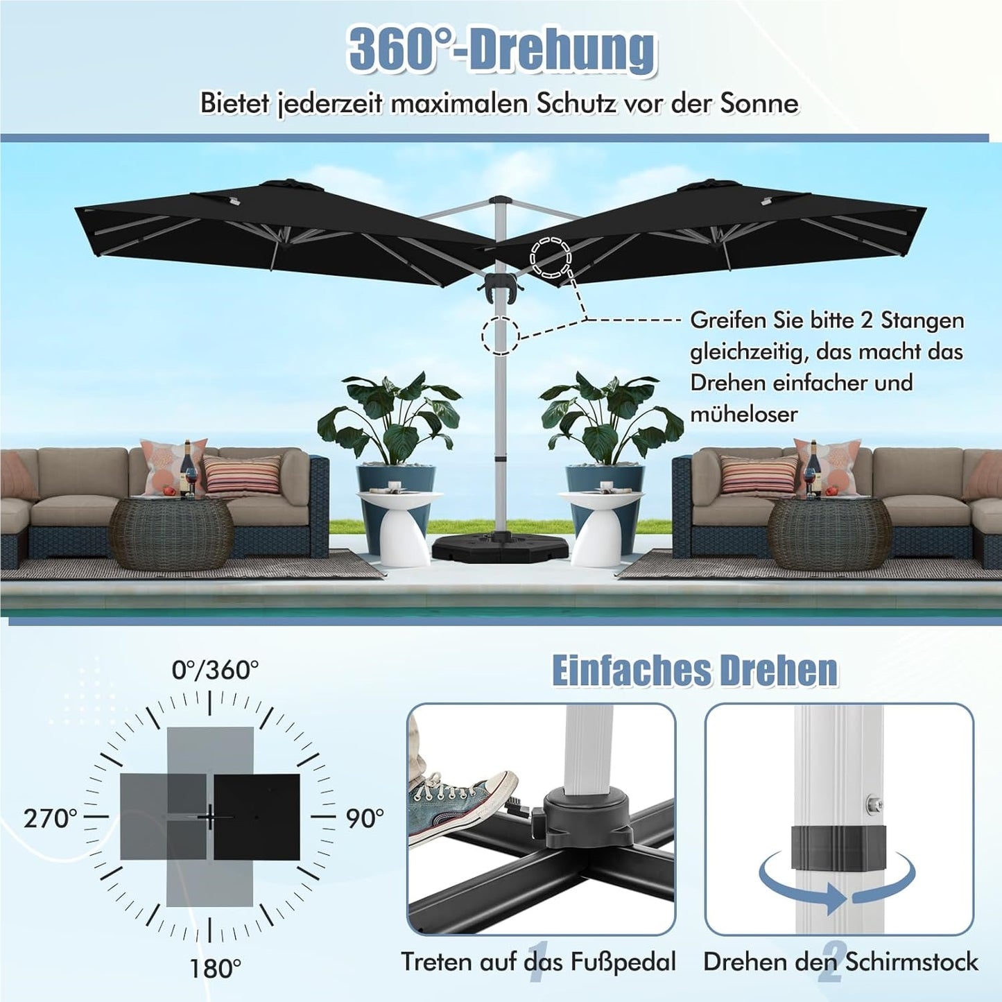 Vierkante Parasol – Zonnescherm – Tuinparasol – Terrasparasol – Marktkraamparasol – 300 x 300 cm – 360° Draaibaar – Verstelbare Kantelfunctie – Zwart