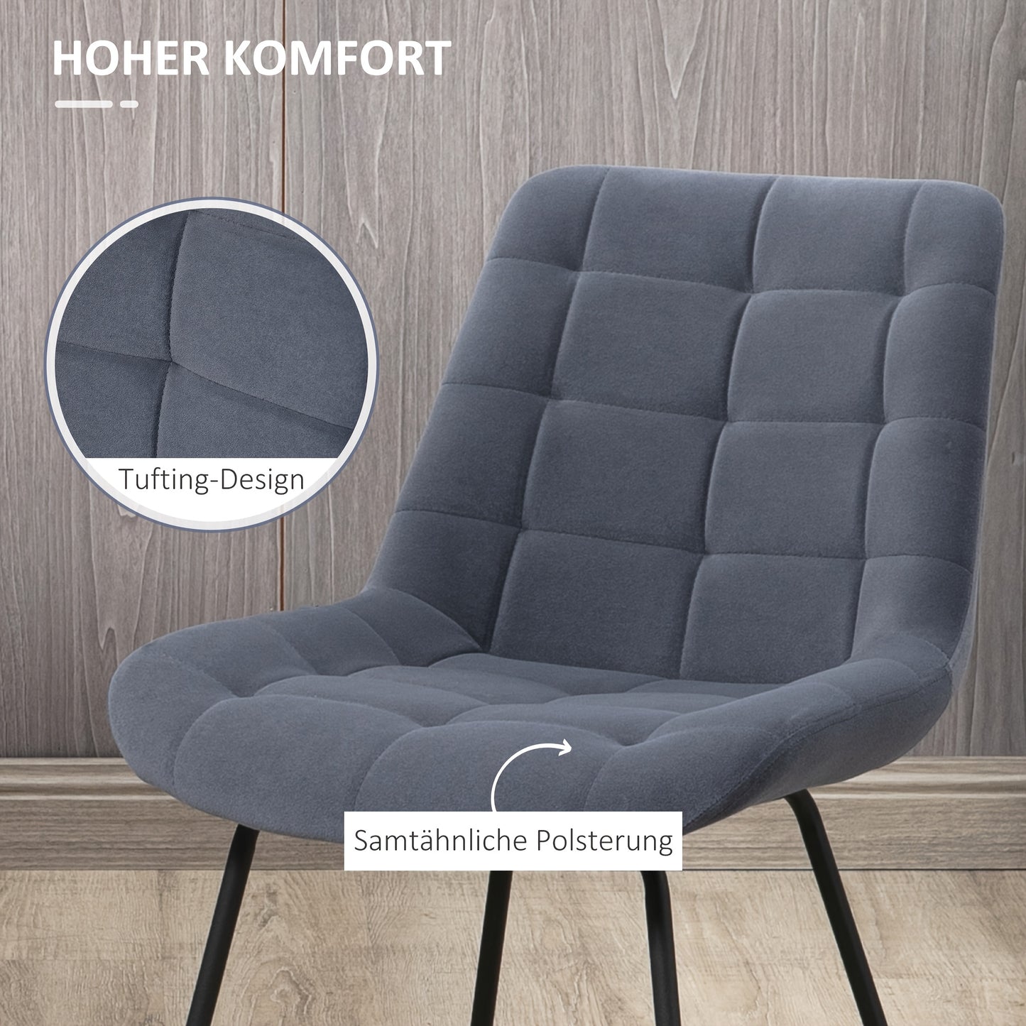 Eetkamerstoel – Keukenstoel – Stoel – Kuipstoel – Velours Zitting – Stalen Poten – Retro Design – Set Van 2 – Grijs – 50x61x79 cm