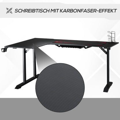 Gaming Bureau – Game Bureau – Gaming Desk – Computerbureau – Bureautafel – Hoekbureau – Zwart Met Rode Accenten – MDF Met Metaal – Koptelefoonhaak En Bekerhouder