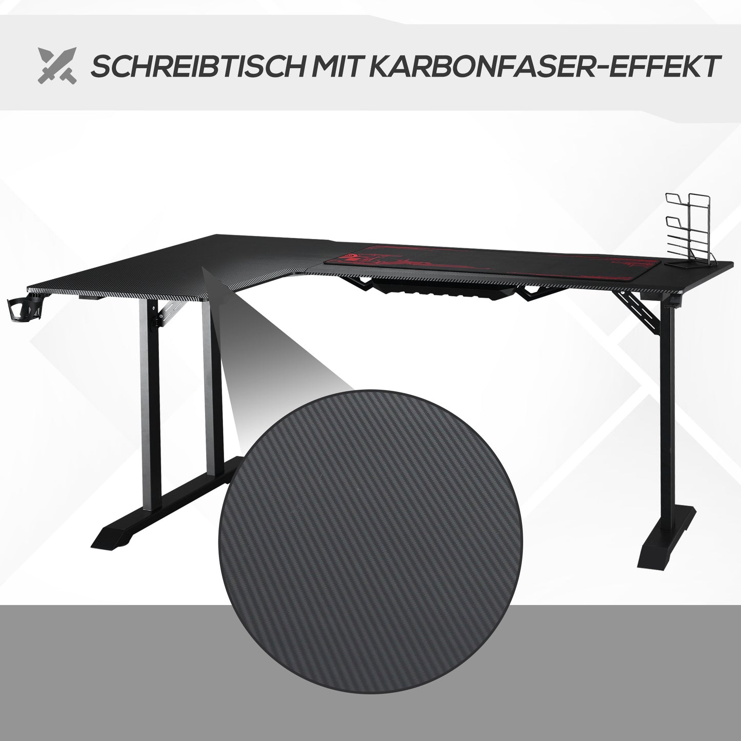 L-vormig Gaming Bureau – Gaming Desk – Computerbureau – Game Tafel – Werkplek Bureau – Metalen Frame – Hoofdtelefoonhouder en Bekerhouder – 168x109x78 cm – Zwart met Rode Accenten