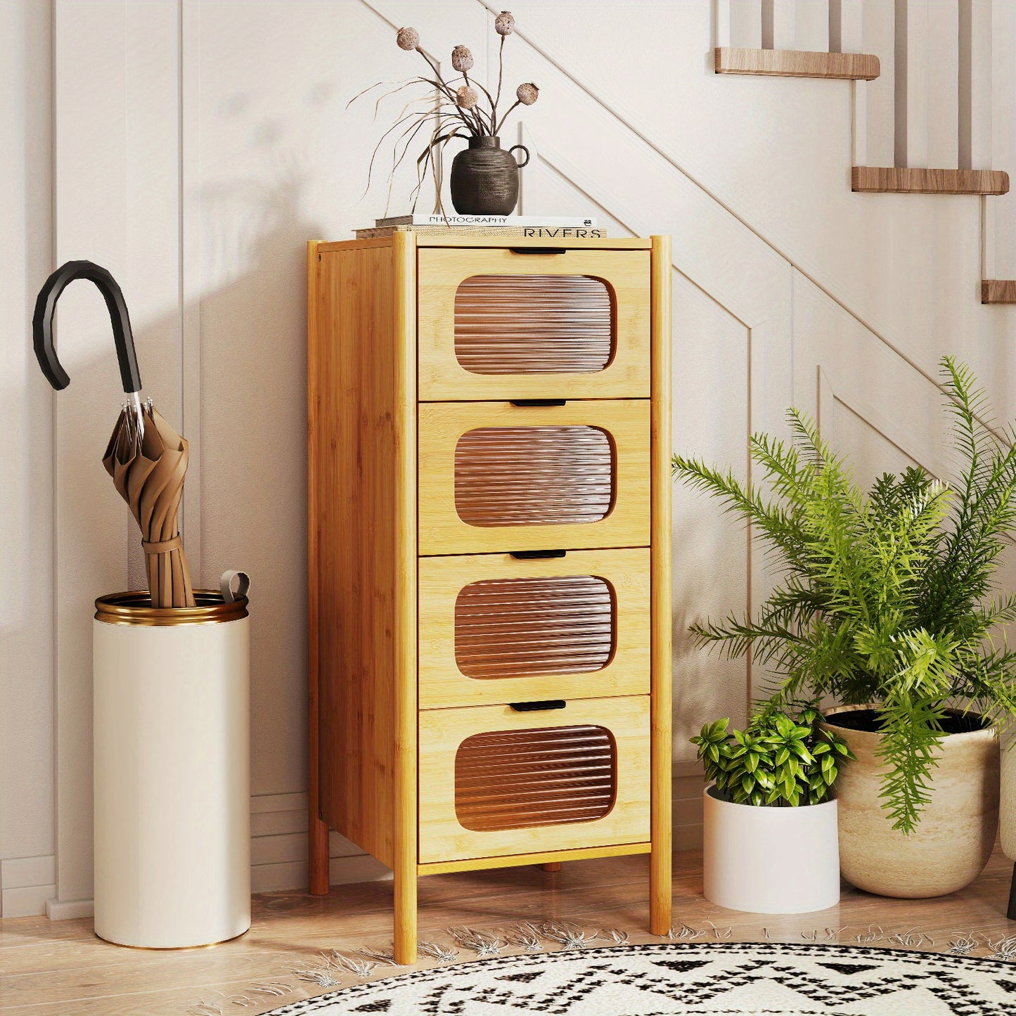 Opbergkast – Opbergmeubel – Ladenkast – Dressoir – Bamboekast – 4 Lades – Gehard Glas – Compact 40x40x97 cm