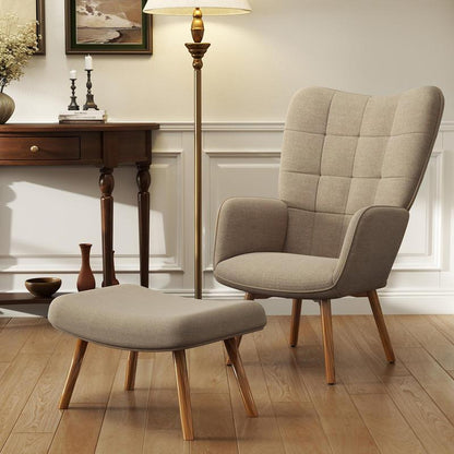 Modern Accent Chair with Ottoman - Ergonomic High-Density Foam Cushion & Hardwood Legs, Multifunctional Lounge Chair with Removable Ottoman, Easy Assembly, Beige/Neutral Tones for Living Room, Bedroom, Hallway - Durable Plast