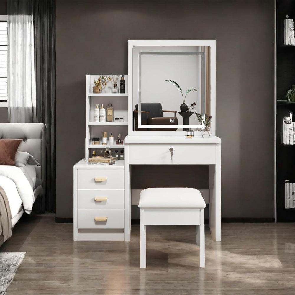 Make-up Tafel – Kaptafel – Schminktafel – Vanity Tafel – Make-up Bureau – Met Spiegel en Zacht Krukje – Metalen Frame – Wit – 85x130x36 cm