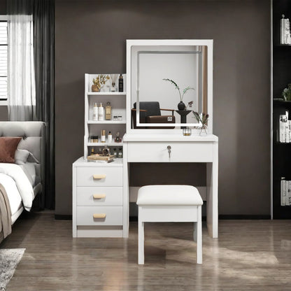 Make-up Tafel – Kaptafel – Schminktafel – Vanity Tafel – Make-up Bureau – Met Spiegel en Zacht Krukje – Metalen Frame – Wit – 85x130x36 cm