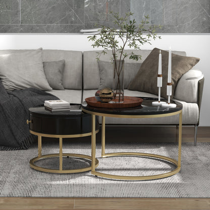 Ronde Bijzettafels – Salontafel – Side Table – Nesting Tafels – Koffietafel – Hoogglans Marmerprint – Nestingssysteem voor Ruimtebesparing – MDF Metalen Frame Zwart