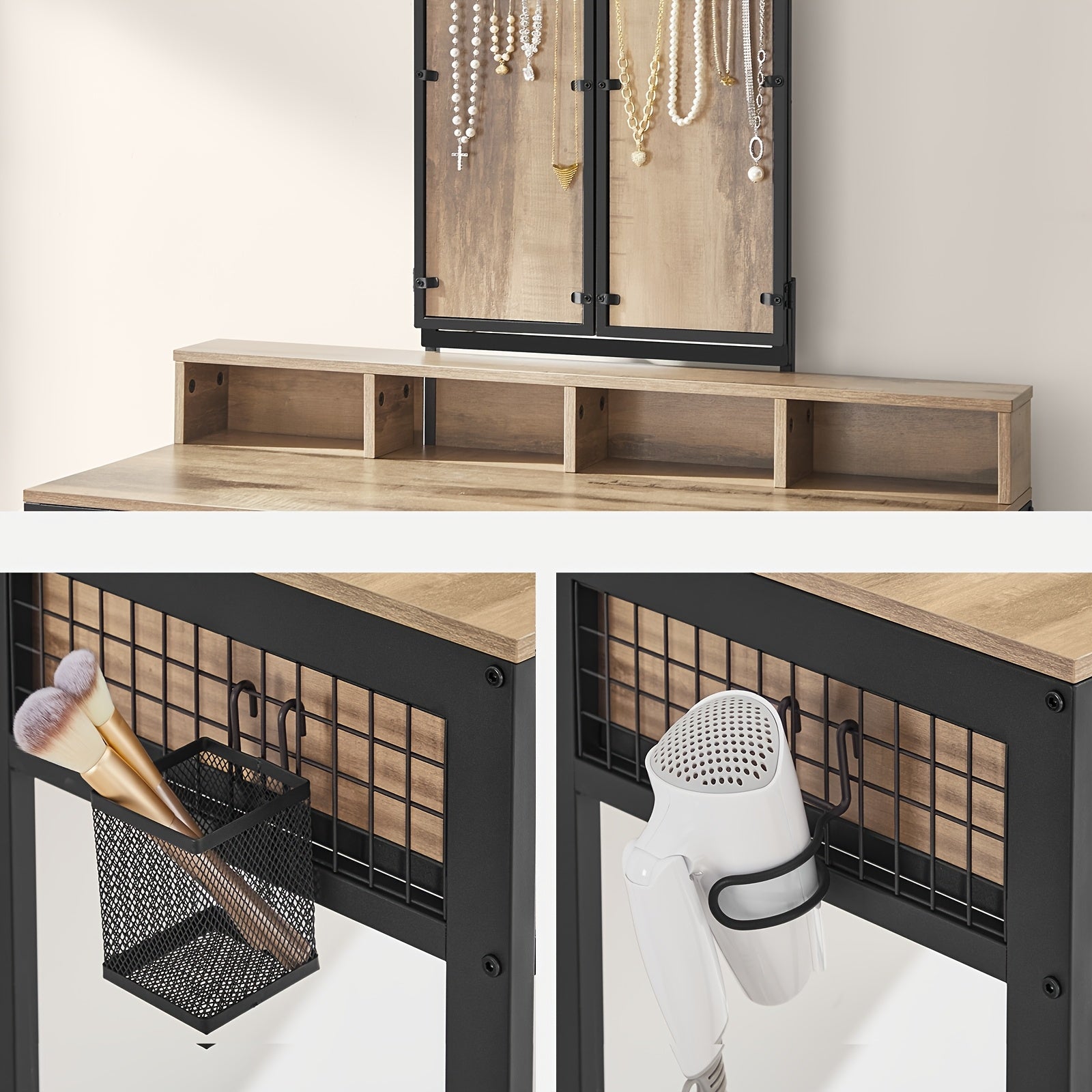 Kaptafel – Make-up Tafel – Cosmetische Tafel – Opmaaktafel – Visagie Tafel – Donker Hout & Zwarte Poten – 3 Laden en Driedelige Spiegel – Ingebouwde Haardrogerhouder – Met Krukje – Ruimtebesparend Design - QUORE