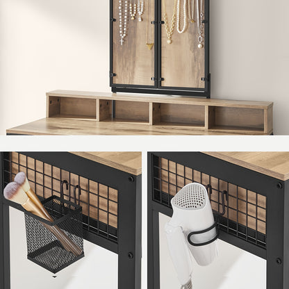 Kaptafel – Make-up Tafel – Cosmetische Tafel – Opmaaktafel – Visagie Tafel – Donker Hout & Zwarte Poten – 3 Laden en Driedelige Spiegel – Ingebouwde Haardrogerhouder – Met Krukje – Ruimtebesparend Design - QUORE