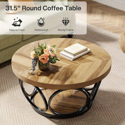 Ronde Salontafel – Houten Tafel – Woonkamertafel – Koffietafel – Opbergtafel – 80 cm Diameter – 2 Lade Niveaus – Natuurlijke Bruin Houtlook