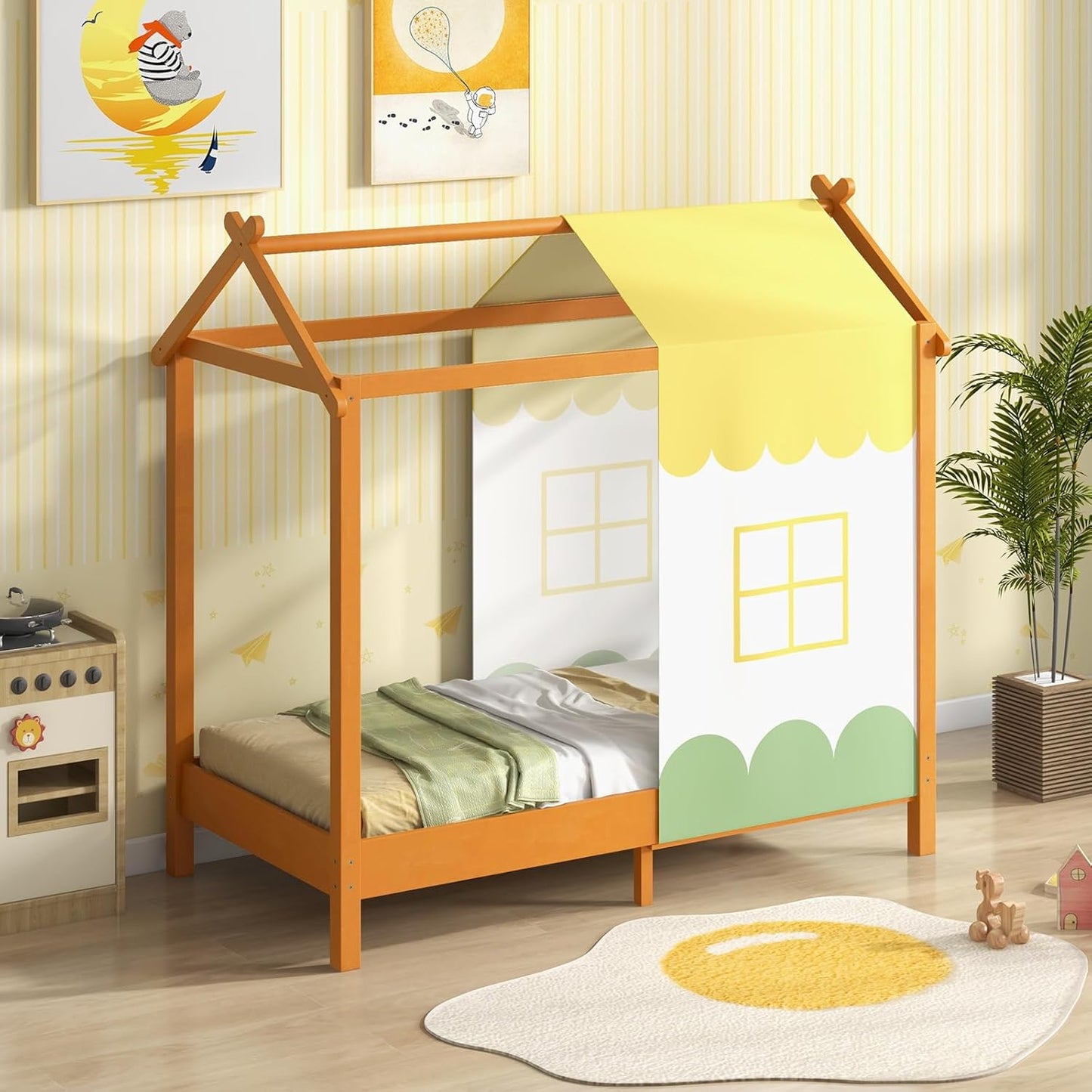 Houten Kinderbed – Bed Voor Kinderen – Kinderbed Met Canopy – Speelhuis Bed – Babybed 70x140 Cm – Robuuste Vurenhouten Constructie – Verwijderbare Wasbare Canopy