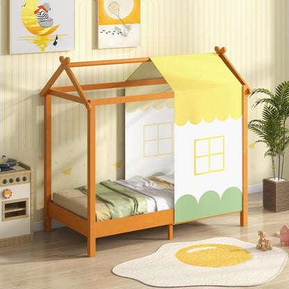 Houten Kinderbed – Bed Voor Kinderen – Kinderbed Met Canopy – Speelhuis Bed – Babybed 70x140 Cm – Robuuste Vurenhouten Constructie – Verwijderbare Wasbare Canopy