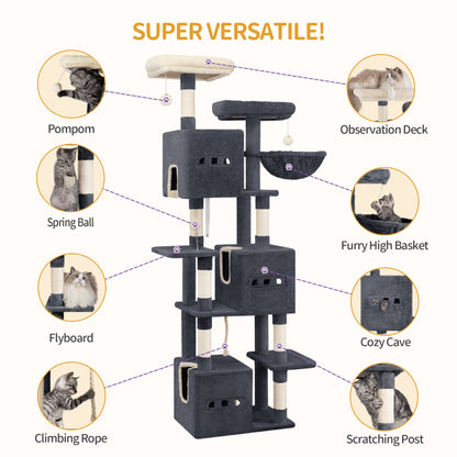 Kattenboom – Klimpaal – Krabpaal – Speelparadijs – Kattenmeubel – Donkergrijs – 193 cm Hoog – 7 Niveaus Met Sisal Krabpalen