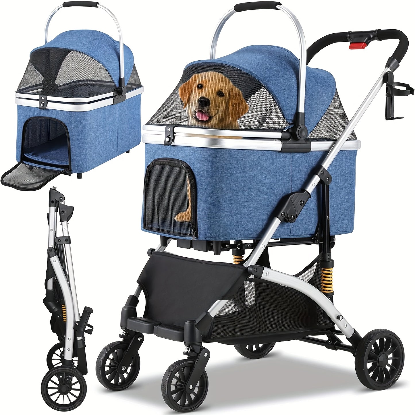 Huisdierenwagen – Hondenbuggy – Kattenwagen – Wandelwagen – Dierenbuggy – 3-in-1 Design – Carbonstalen Frame – Max. Belastbaar 20 kg – Zilverblauw