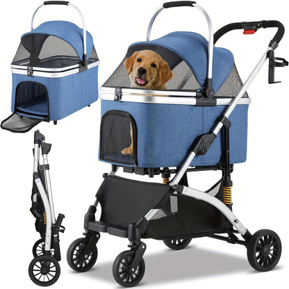 Huisdierenwagen – Hondenbuggy – Kattenwagen – Wandelwagen – Dierenbuggy – 3-in-1 Design – Carbonstalen Frame – Max. Belastbaar 20 kg – Zilverblauw