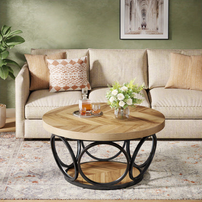 Ronde Salontafel – Houten Tafel – Woonkamertafel – Koffietafel – Opbergtafel – 80 cm Diameter – 2 Lade Niveaus – Natuurlijke Bruin Houtlook