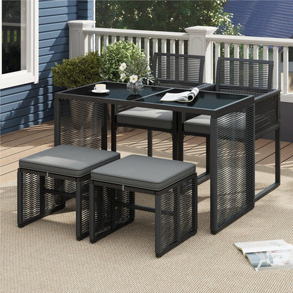 5-Delige Rattan Tuinset – Balkon Meubels – Buitenmeubilair – Tuinmeubelen – Patio Set – Inklapbare Rugleuning – Inclusief Zachte Kussens