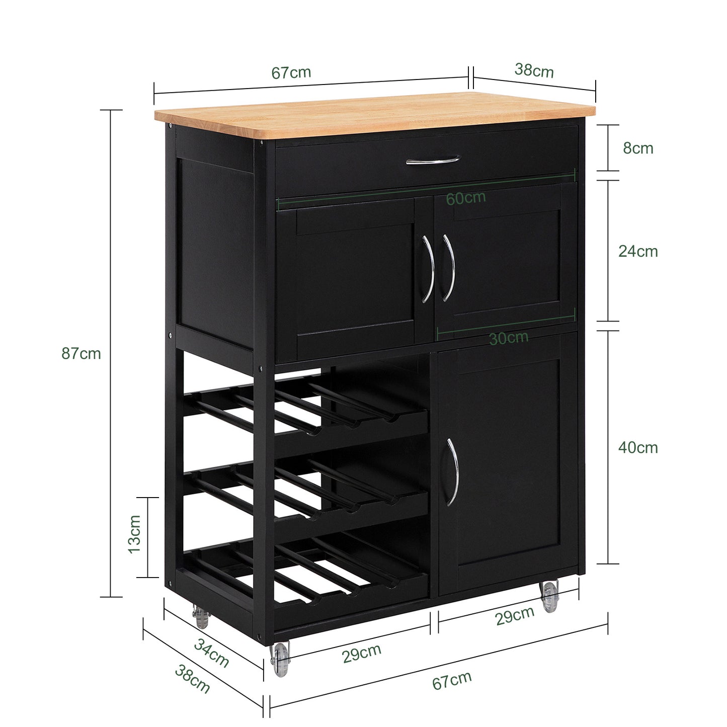 Keukentrolley – Serveerwagen – Keukenwagen – Opbergkast – Rolwagen – Hout & MDF – Mobiel met Wieltjes – Compact 80x45x35 cm