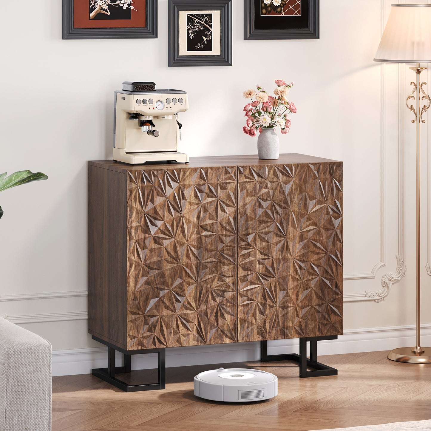 BTM Sideboard Cabinet 80X40X78 Cm Dark Walnut Optics with Leaf Relief, Push-To-Open Doors, Metal Legs 15 Cm, Modern Sideboard with Tilt Protection for Living Room, Dining Room & Hallway