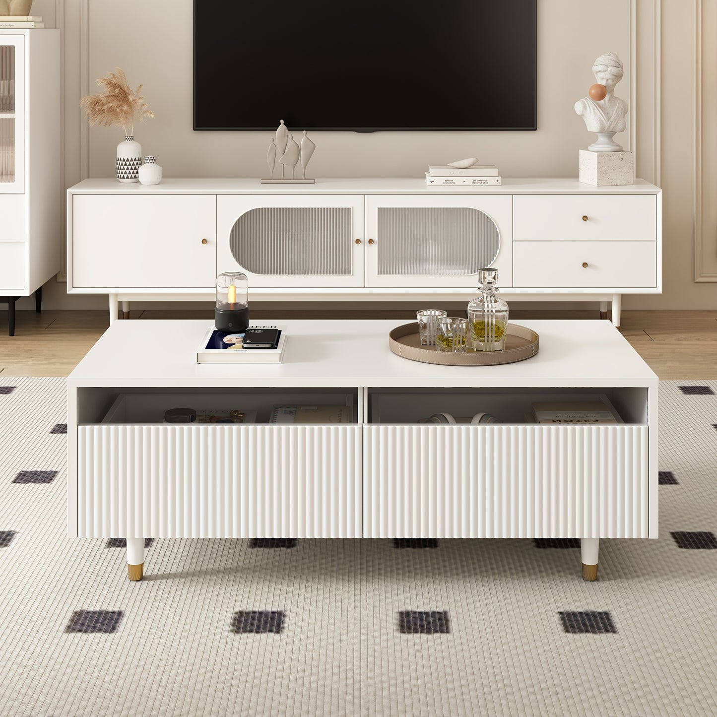 Salontafel – Koffietafel – Woonkamertafel – Tafeltje – Opbergtafel – Modern Wit – Golvend Ladeoppervlak – Ruime Opbergladen – Compact Formaat
