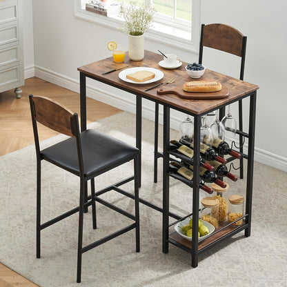Bar Tafelset – Barset – Barkrukken Set – Bistro Set – Keuken Tafelset – Compact Design – Gestoffeerde Stoelen met Voetensteun – Stevig MDF en Metalen Frame – Eenvoudig Zelf Te Monteren – Vintage Bruin