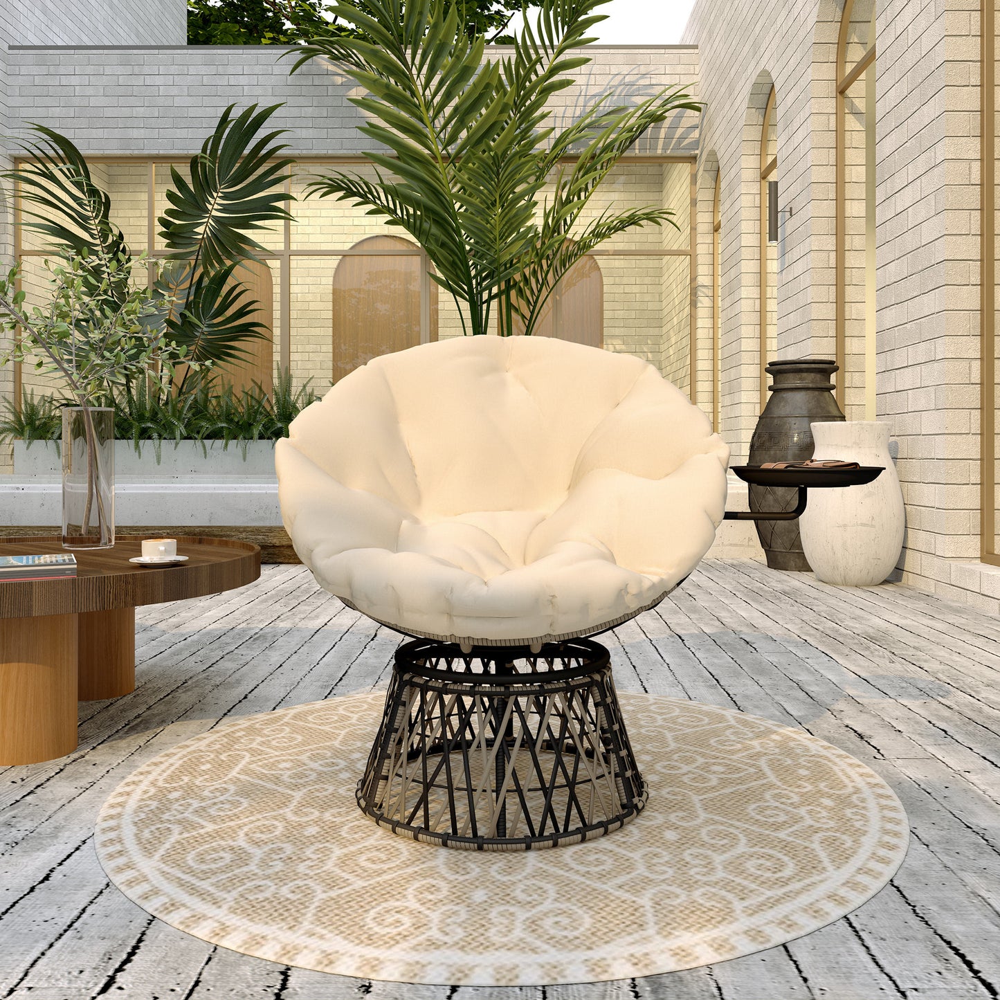 Rattan Fauteuil – Rotan Stoel – Papasan Stoel – Draaifauteuil – Tuinstoel – 360° Draaibaar – Dik Beige Kussen 90 cm Diameter