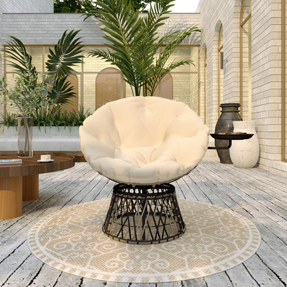 Rattan Fauteuil – Rotan Stoel – Papasan Stoel – Draaifauteuil – Tuinstoel – 360° Draaibaar – Dik Beige Kussen 90 cm Diameter