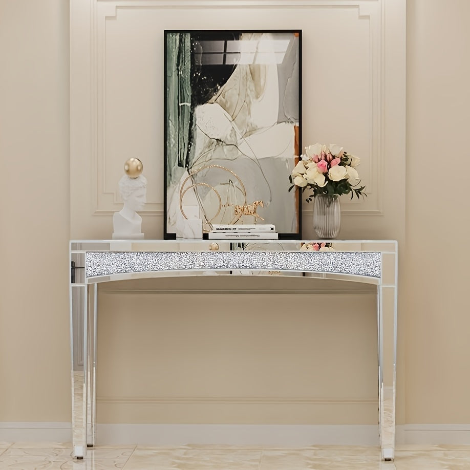 Spiegelende Sidetable – Console Tafel – Bijzettafel – Halmeubel – Make-uptafel – Glamoureuze Diamantkristal Afwerking – 120x35x80,5 cm – Glas en Hout