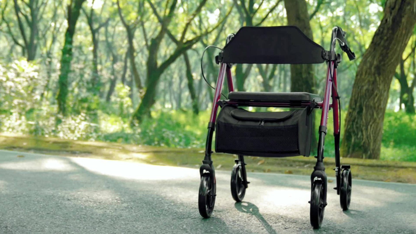 Rollator – Loopwagen – Wandelwagen – Mobiliteitshulpmiddel – Opvouwbare Walker – Duurzaam Aluminium – Grote 20,32 cm Wielen – Ergonomisch Zitje & Rugleuning – Verstelbare Hoogte – Draagvermogen 136 kg