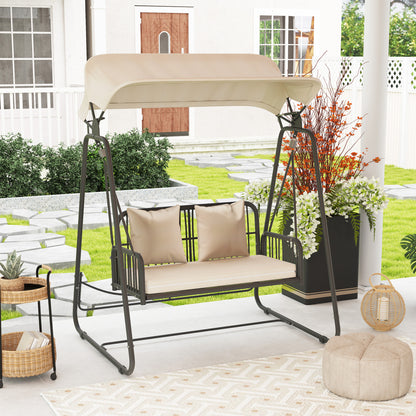 Tuinbank – Buitenbank – Loungebank – Tuinmeubel – Schommelbank – 2-Zits Rattan Hollywood Schommel – Inklapbaar Zonnescherm – Comfortabel Met Kussen – Draagvermogen 240 kg – 149x121x180 cm – Khaki