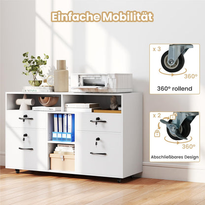 Rollende Ladekast – Mobiele Opbergkast – Archiefkast – Bureaukast – Printerstandaard – 4 Lades Met Slot – Verstelbare Middenplank – Wit – 5 Zwenkwieltjes Met Rem – Stabiel MDF Ontwerp