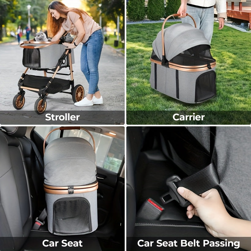 Dierenwagen – Huisdier Stroller – Kattenwagen – Hondenwagen – Draagmand – 25 kg Capaciteit – 4 Schokabsorberende Wielen – Champagne Golden Black