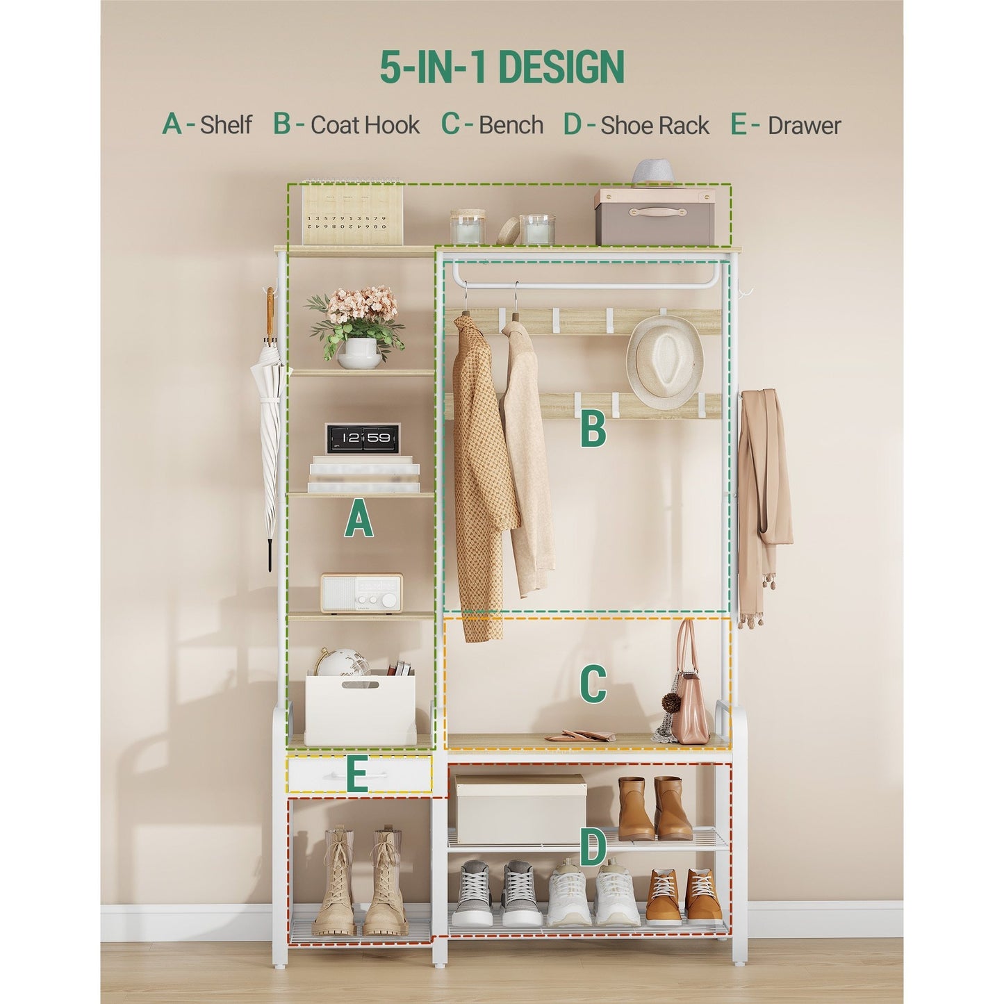 Kapstok – Kledingrek – Schoenenrek – Garderobe – Halmeubel – 5-in-1 Multifunctioneel – 17 Haken & 3-Vaks Schoenenbank – Golden Oak Wit