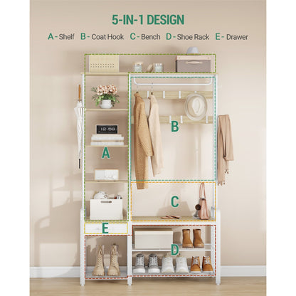 Kapstok – Kledingrek – Schoenenrek – Garderobe – Halmeubel – 5-in-1 Multifunctioneel – 17 Haken & 3-Vaks Schoenenbank – Golden Oak Wit