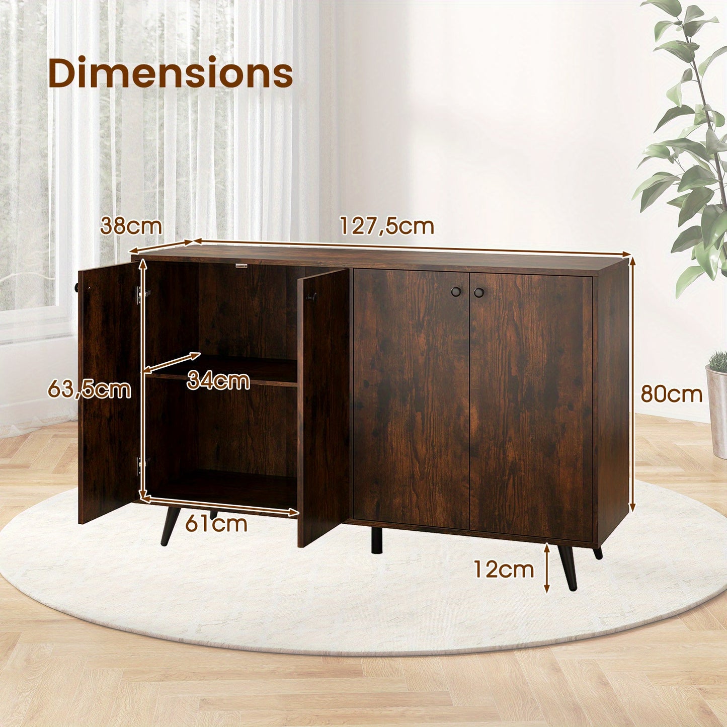 vierdeurs dressoir – buffetkast – opbergkast – sideboard – kast industrieel – verstelbare planken – duurzaam hardhout 127 cm bruin