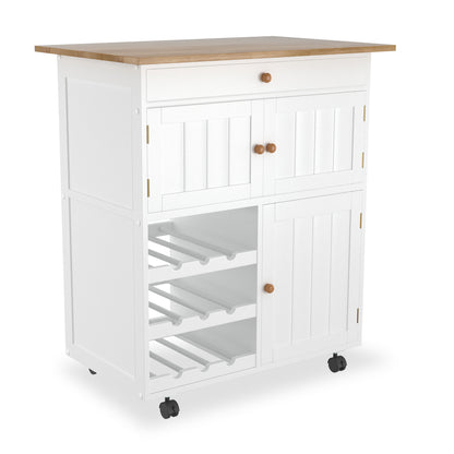 Kitchen Trolley on Wheels with Bottle Rack, Side Shelves And Cabinet with Soft-Close Hinges, Kitchen Cabinet with Towel Rack And Rubberwood Top