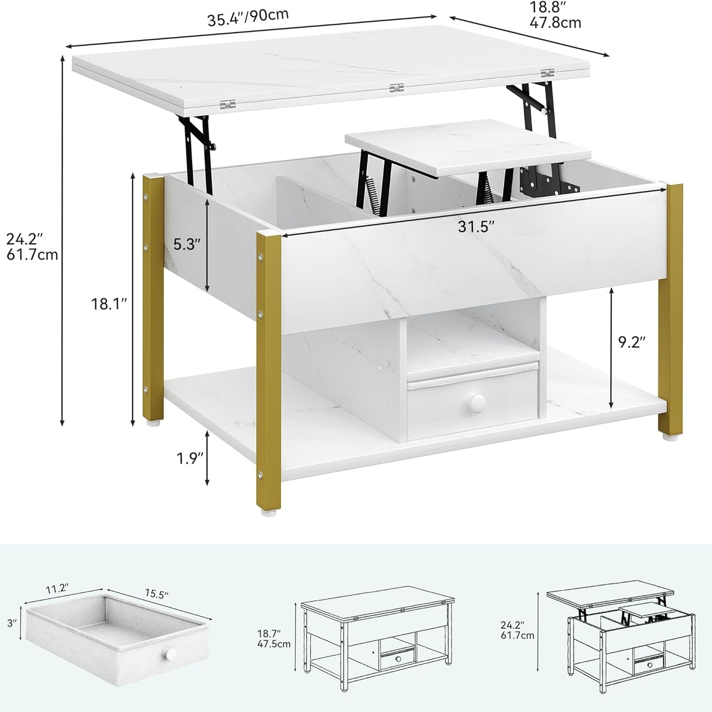 4-in-1 Verhoogbare Salontafel – Bijzettafel – Eettafel – Bureau – Opbergtafel – Wit – Verstelbaar Tafelblad – 2 Opberglades