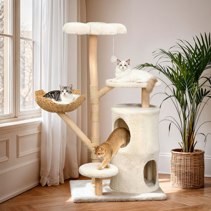 Kattenkrabpaal – Krabmeubel – Kattenboom – Krabtoren – Kattenhuis – 142 cm Hoog – Stevig Hout En Soft-Touch Textiel
