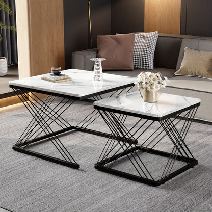 2pcs Modern Marble Coffee Table Set - Heavy-Duty Marble Look Square Tables with Height-Adjustable Legs & Assembly, Marble- Combination Table Suitable for, Office, Dorm - Space-Saving