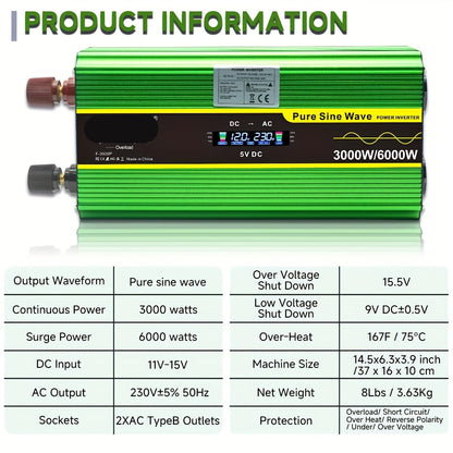 Spanning Inverter – Power Inverter – Stroom Omvormer – Spanning Omvormer – 3 UK Stopcontacten – Pure Sinusgolf Uitgang – 1300W Tot 6000W Piekvermogen