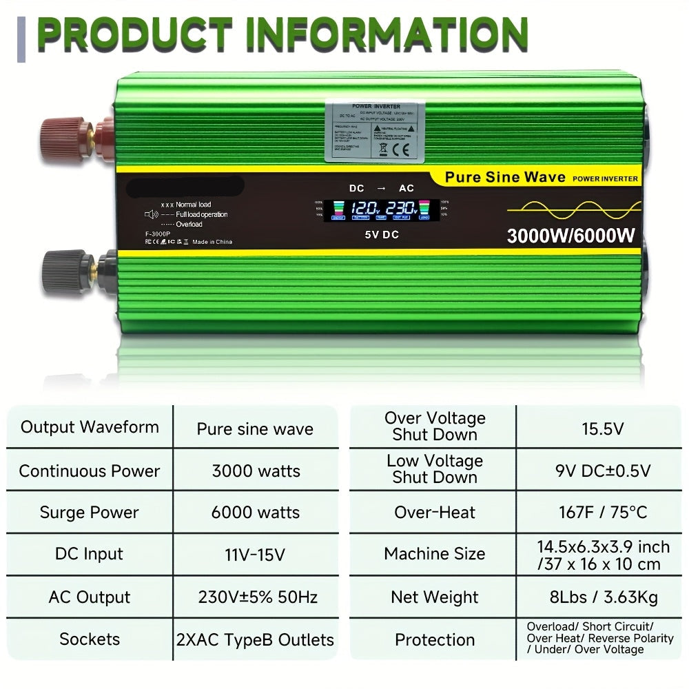Spanning Inverter – Power Inverter – Omvormer – 12V Naar 230V – Pure Sinusgolf – 3 UK Stopcontacten – 1300W Tot 6000W