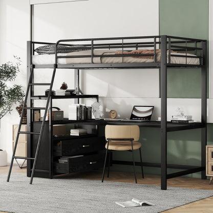 Hoogslaper Bed – Stapelbed – Studiebureau Bed – Ruimtebesparend Bed – Loft Bed Zwart – Stevig Metalen Frame – Ingebouwd L-Vormig Bureau