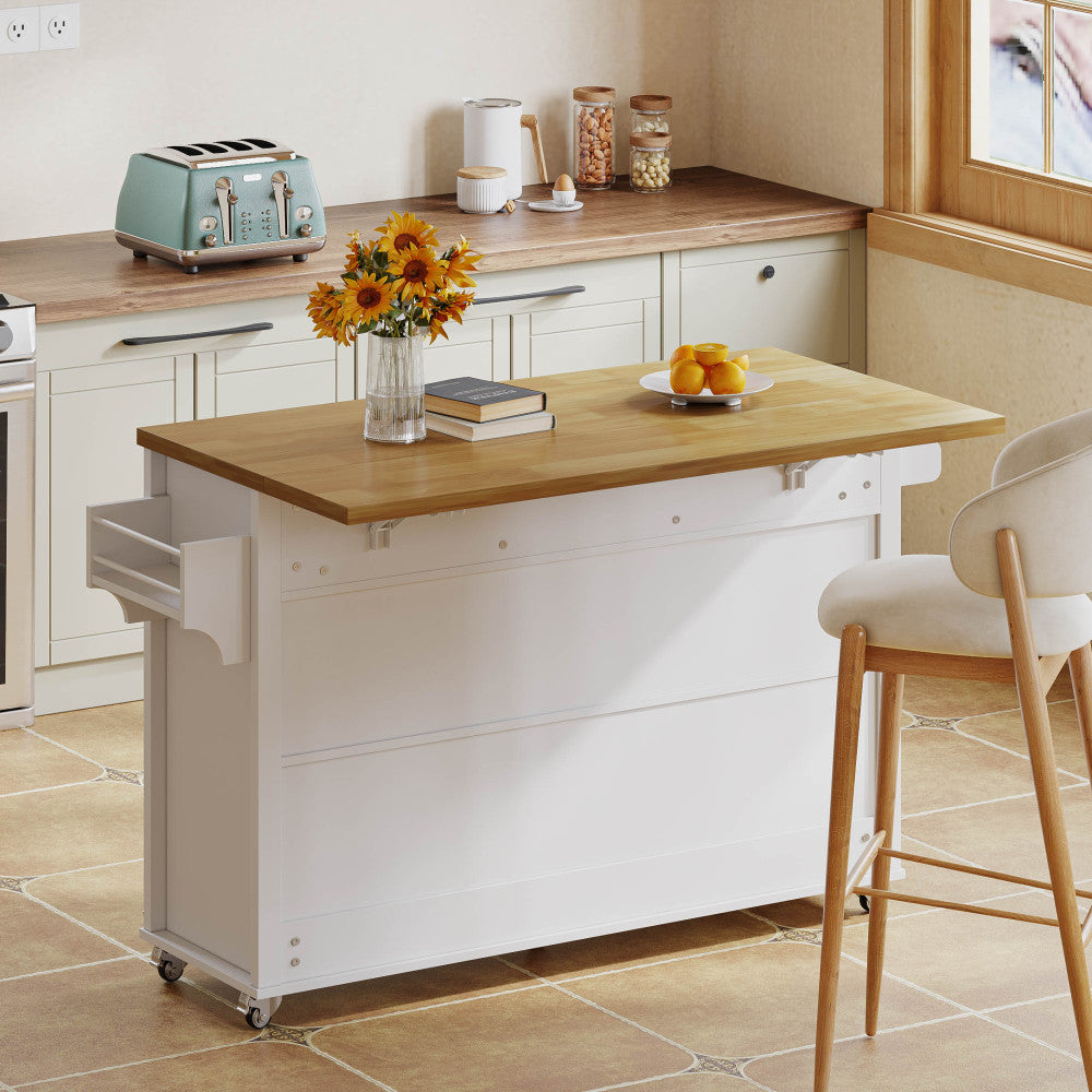Side Cabinet | Kitchen Island Featuring a Collapsible Work Surface | Equipped with 5 Lockable Wheels | 4 Doors, 3 Drawers | Dual-Sided Towel Rack | Color: White | Measurements: 140X43(70)X90.5 Cm