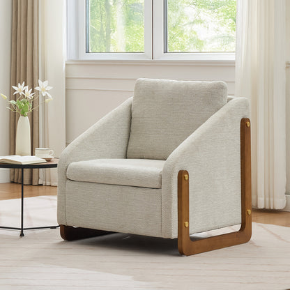 Fauteuil – Lounge Stoel – Leunstoel – Relax Stoel – Beige Chenille – Met Houten Armleuningen – Inclusief Zitkussen – Compact 73,5x73,5x73,5 cm