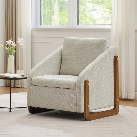 Fauteuil – Lounge Stoel – Leunstoel – Relax Stoel – Beige Chenille – Met Houten Armleuningen – Inclusief Zitkussen – Compact 73,5x73,5x73,5 cm