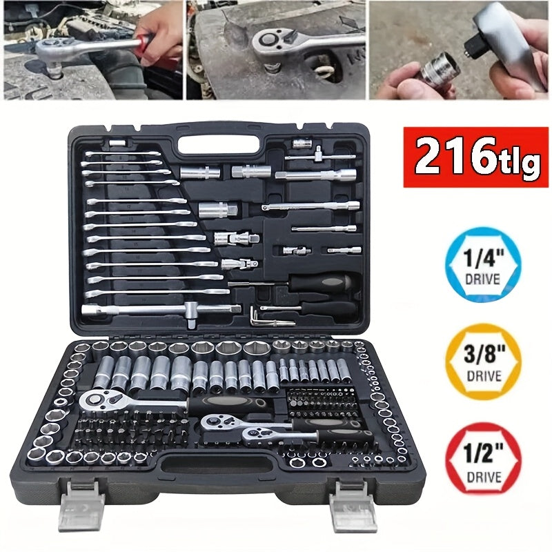 Dopsleutelset – Doppenset – Ratels – Sleutelset – Bitset – 216-delig – Omkeerbare Ratels 1/4", 3/8" & 1/2" – Robuust Metaal Met Koffer