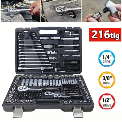 Dopsleutelset – Doppenset – Ratels – Sleutelset – Bitset – 216-delig – Omkeerbare Ratels 1/4", 3/8" & 1/2" – Robuust Metaal Met Koffer