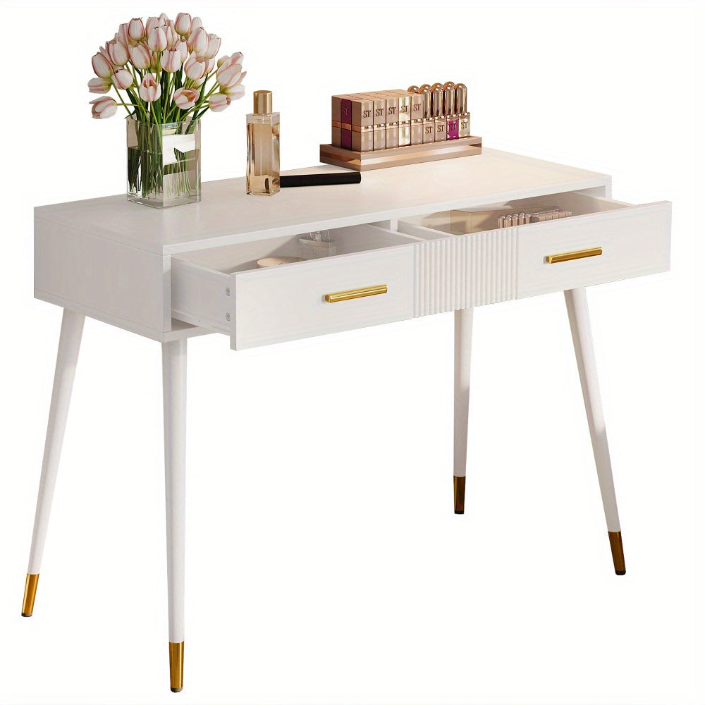 Kaptafel – Make-uptafel – Schminktisch – Dressing Table – Toilettafel – Wit – Met Metalen Gouden Poten – 2 Uitschuifbare Laden – Compact Formaat 40 cm Diep