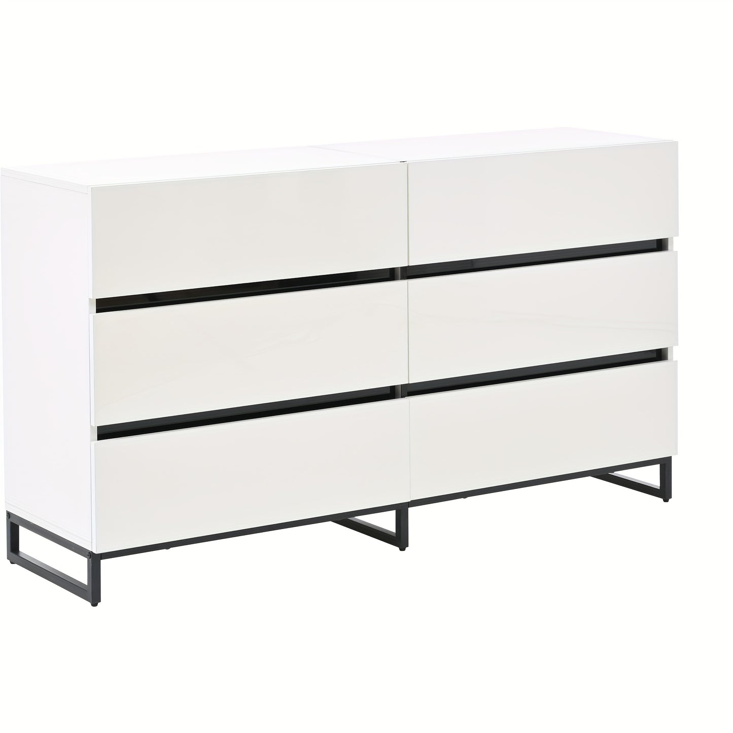 Modern White & Black Metal Living Room Sideboard Cabinet with 6-Drawer Storage - Heavy-Duty Glossy Chest of Drawers with 3 Sturdy Metal Legs, Spacious Contemporary Furniture for Home Organization, 140x39.5x78.5cm, Ideal for A