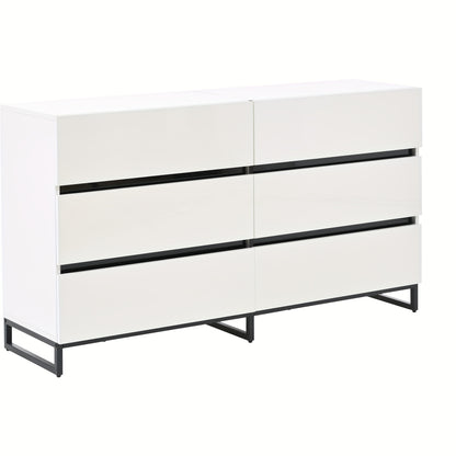 Modern White & Black Metal Living Room Sideboard Cabinet with 6-Drawer Storage - Heavy-Duty Glossy Chest of Drawers with 3 Sturdy Metal Legs, Spacious Contemporary Furniture for Home Organization, 140x39.5x78.5cm, Ideal for A