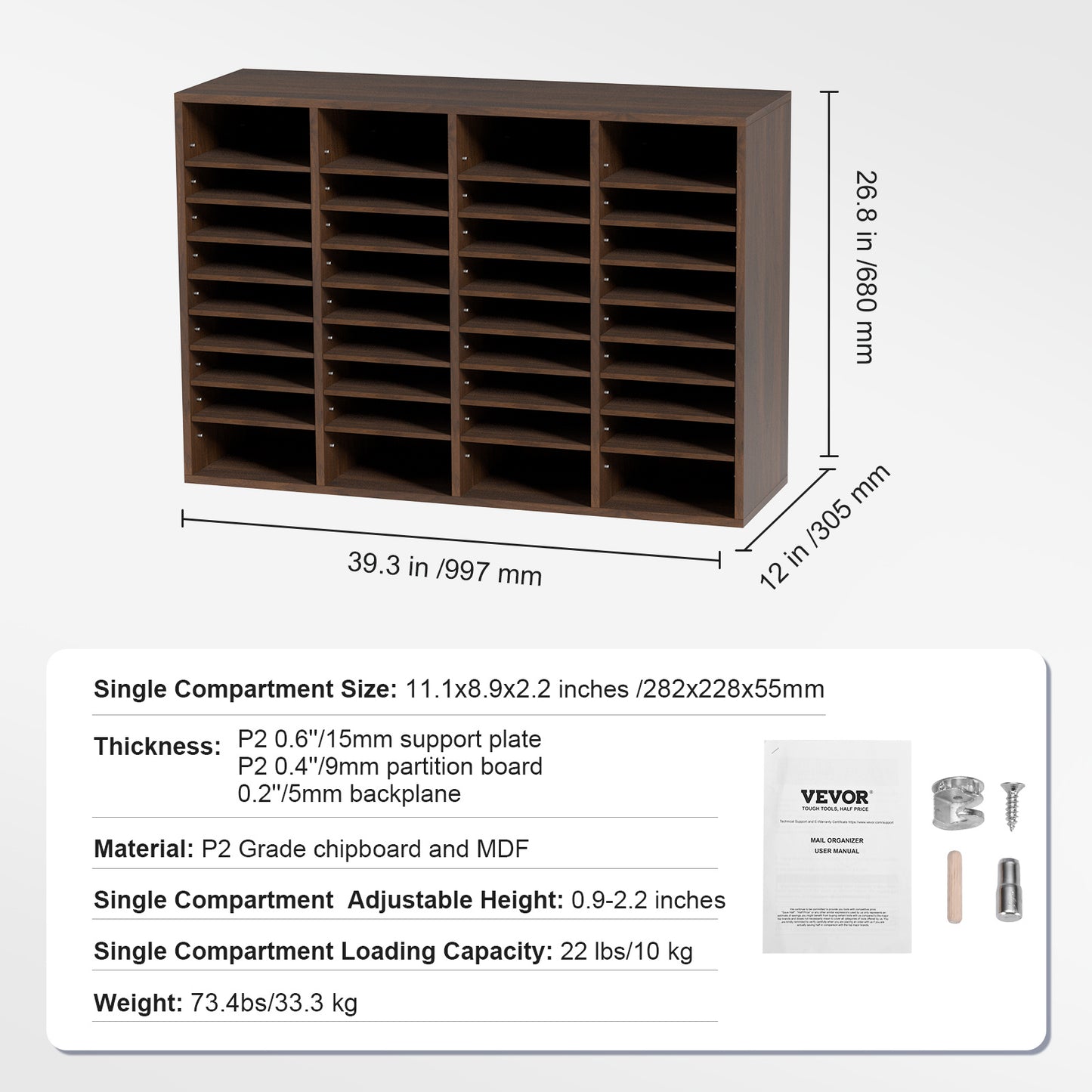 Houten Documenten Organizer – Bureau Sorter – Opbergkast – Postbak – Kantoor Organizer – 36 Vak Compartimenten – Verstelbare Legplanken – Duurzaam P2 Spaanplaat – 99,7x30,5x68 cm
